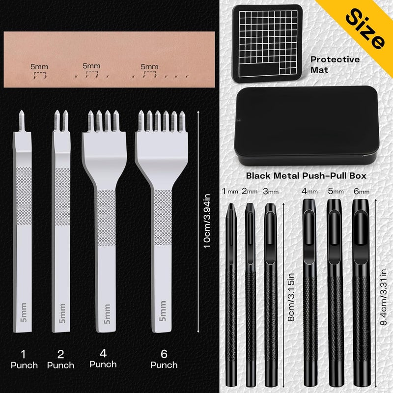 MORFEN Leather Stitching Punch Hole Punch Tool Set, 5mm 1/2/4/6 Prong Punch Chisel, Round Hole Punch for Belt, Watch Band, Leather Strap DIY Crafts - Image 2